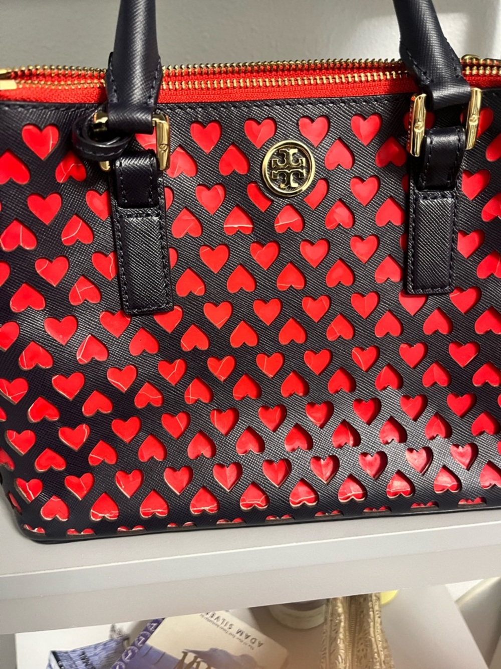 Tory Burch Black Tote with Red Heart Cutouts